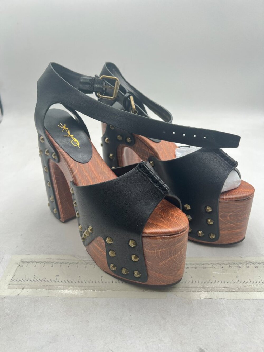 XYD Black Wooden Chunky Heel Sandals Platform Bronzed Studs Open Toe Buckle Shoe - Picture 4 of 8